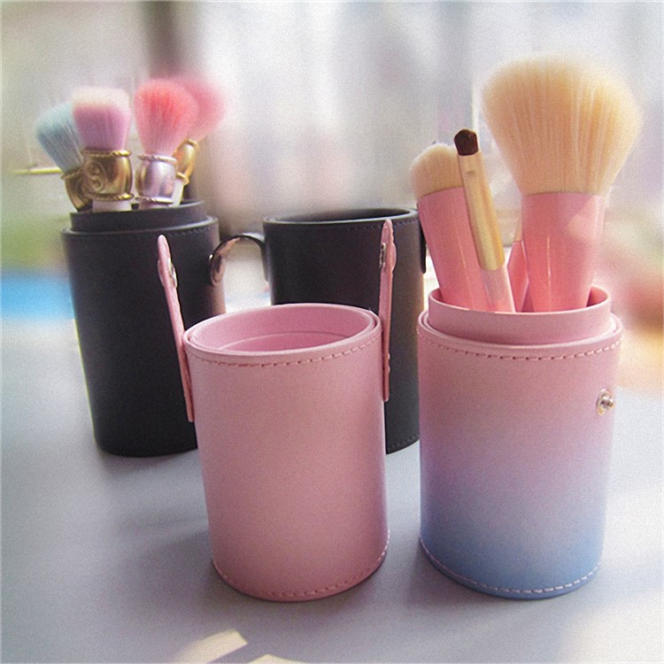 Gradient Color PU Leather Brush Holder Cosmetics Organizer Travel Toiletry Case with Snap Fasteners - Pink and Blue-5