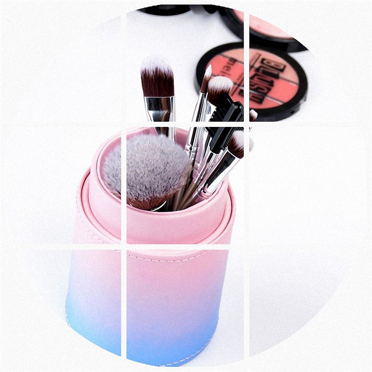 Gradient Color PU Leather Brush Holder Cosmetics Organizer Travel Toiletry Case with Snap Fasteners - Pink and Blue-9