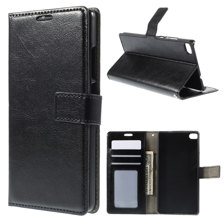 Crazy Horse Leather Wallet Cover for Huawei Ascend P8 with Stand - Black-1