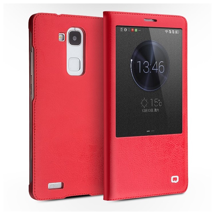 QIALINO Classic Style Genuine Leather Smart Window Cover for Huawei Ascend Mate7 - Red-1