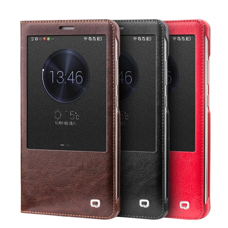 QIALINO Classic Style Genuine Leather Smart Window Cover for Huawei Ascend Mate7 - Red-2