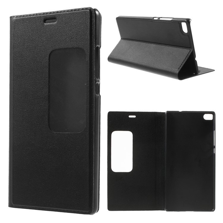 Window View Smart Leather Phone Case for Huawei Ascend P8 - Black-1