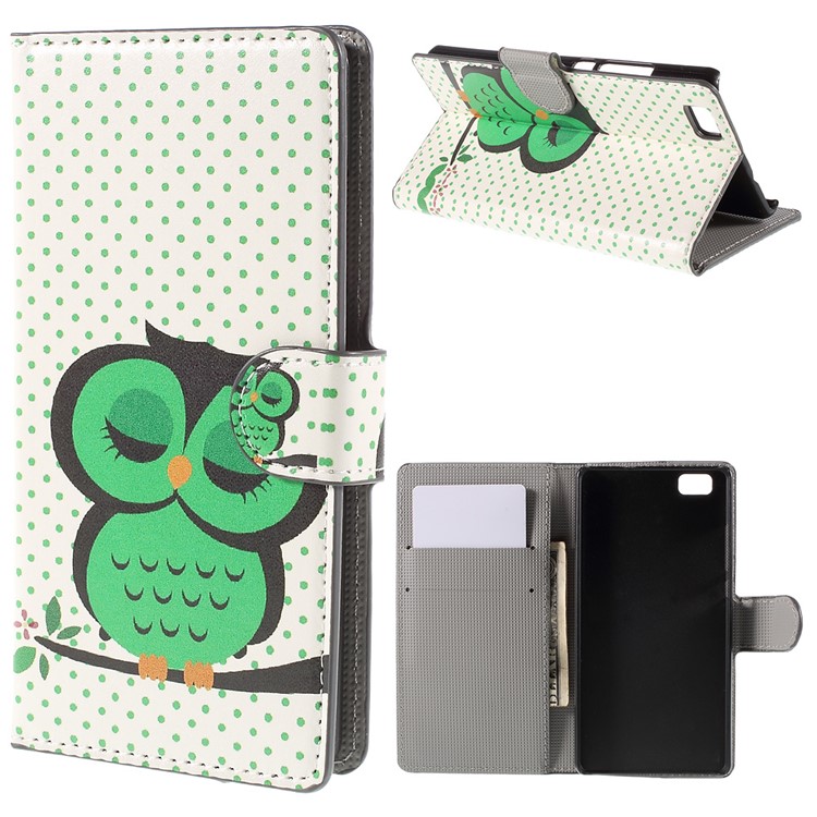 Green Napping Owl Wallet PU Leather Shell for Huawei Ascend P8 Lite-1