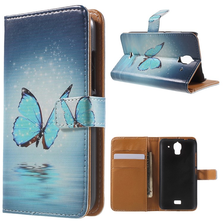 Blue Butterfly Leather Wallet Case Cover for Huawei Y360-1