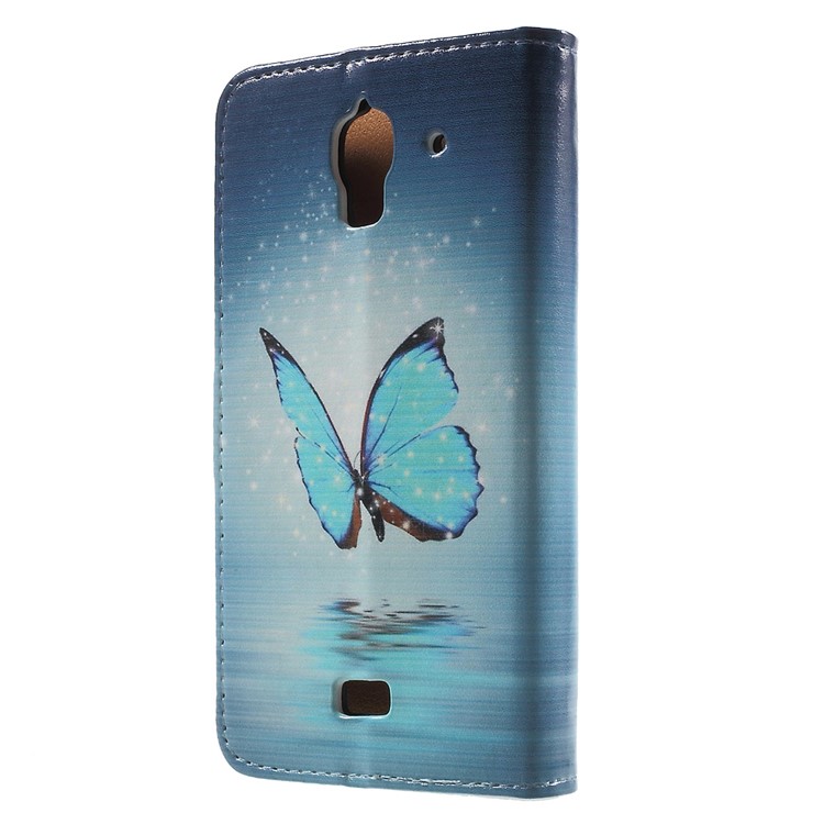Blue Butterfly Leather Wallet Case Cover for Huawei Y360-2