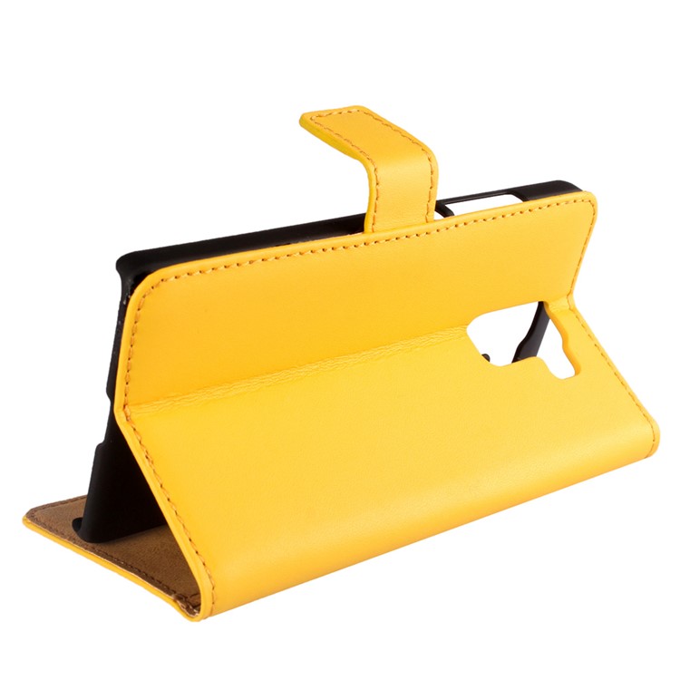 Wallet Stand Genuine Split Leather Case Protector for Huawei Honor 7 / 7 Premium - Yellow-2