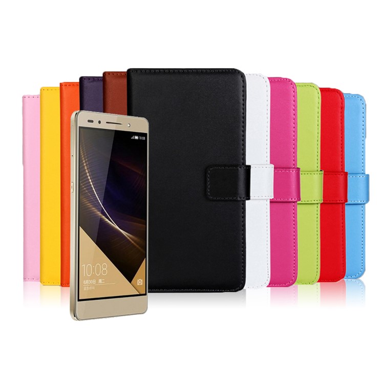 Wallet Stand Genuine Split Leather Case Protector for Huawei Honor 7 / 7 Premium - Yellow-4