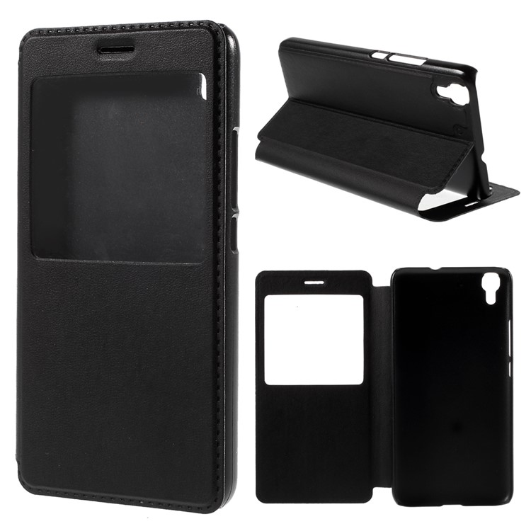 Window View Leather Stand Case for Huawei Honor 4A / Y6 - Black-1