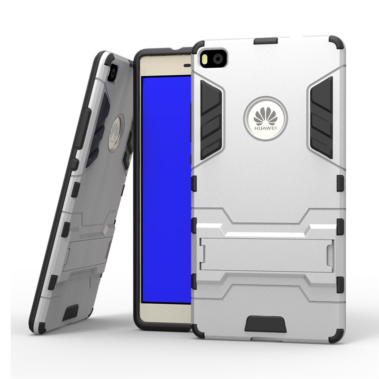 Snap-on PC + TPU Hybrid Case for Huawei Ascend P8 with Kickstand - Silver-2