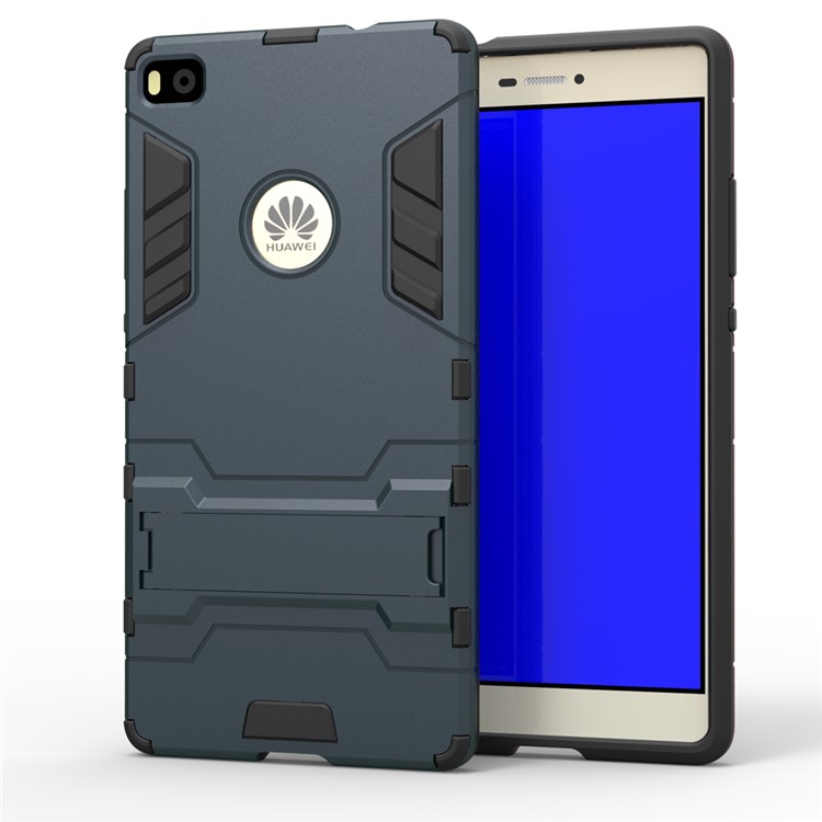 Snap-on PC + TPU Hybrid Shell Case for Huawei Ascend P8 with Kickstand - Dark Blue-1