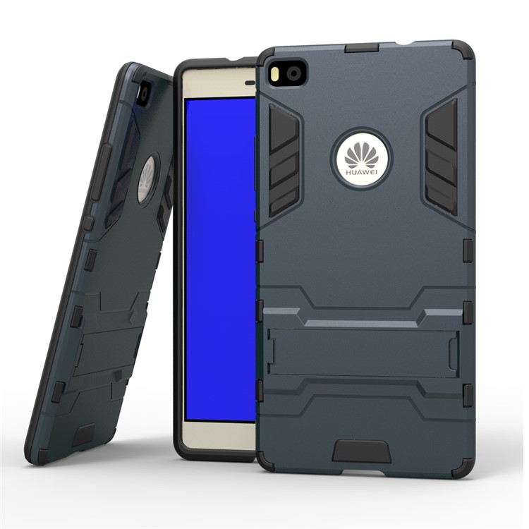 Snap-on PC + TPU Hybrid Shell Case for Huawei Ascend P8 with Kickstand - Dark Blue-2
