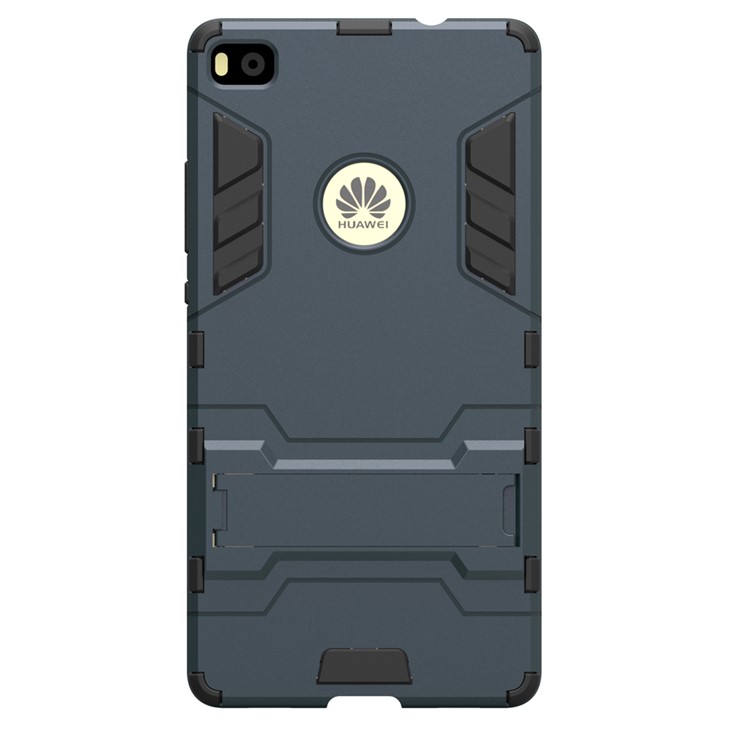Snap-on PC + TPU Hybrid Shell Case for Huawei Ascend P8 with Kickstand - Dark Blue-3