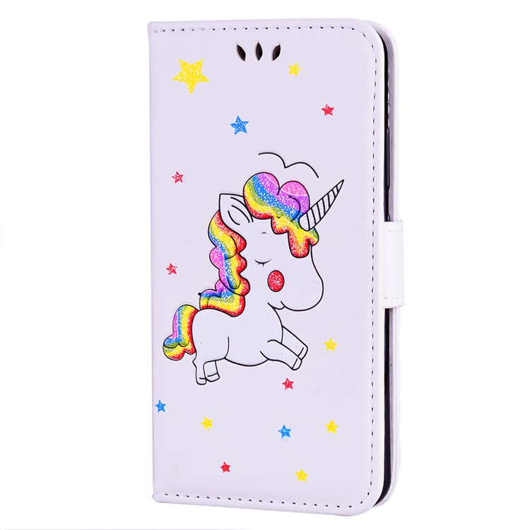 For Huawei P10 Flash Powder Unicorn Imprint Flower Leather Wallet Cover - White-1