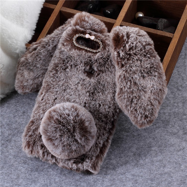 Rabbit Shape Fluffy Fur Coated Rhinestone TPU Case for Huawei P Smart/Enjoy 7S - Coffee-1