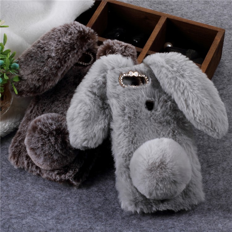 Rabbit Shape Fluffy Fur Coated Rhinestone TPU Case for Huawei P Smart/Enjoy 7S - Coffee-2