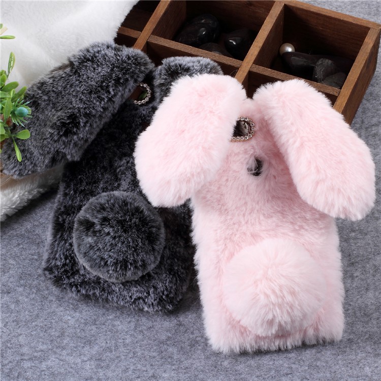 Rabbit Shape Fluffy Fur Coated Rhinestone TPU Case for Huawei P Smart/Enjoy 7S - Coffee-3