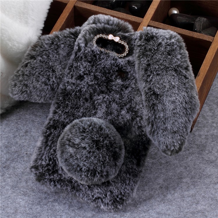 Rabbit Shape Fluffy Fur Coated Rhinestone TPU Cover for Huawei P Smart/Enjoy 7S - Dark Grey-1