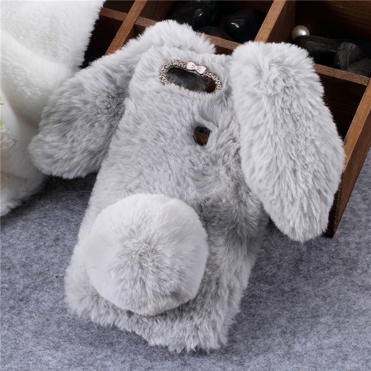 Rabbit Shape Fluffy Fur Coated Rhinestone TPU Casing Shell for Huawei P Smart/Enjoy 7S - Light Grey-1