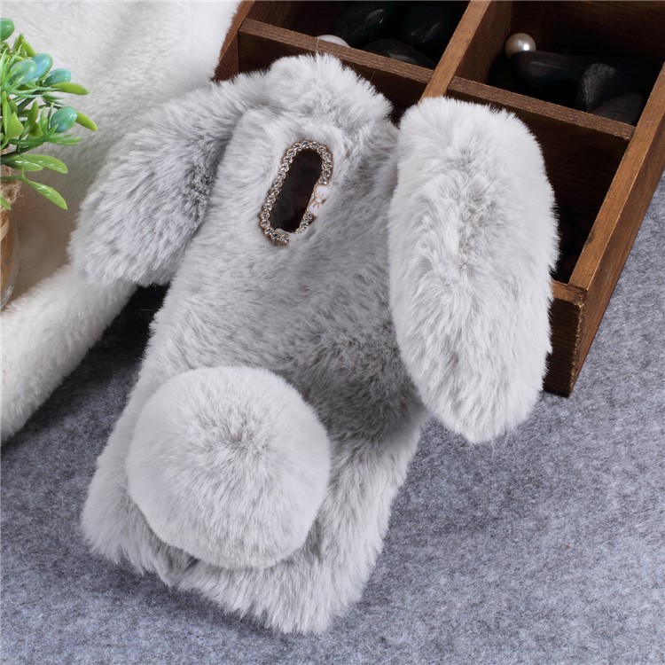 Rabbit Shape Fluffy Fur Coated Rhinestone TPU Case Accessory for Huawei P20 - Light Grey-1