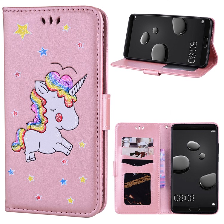 Unicorn Pattern Flash Powder Leather Wallet Stand Case for Huawei Mate 10 - Rose Gold-1