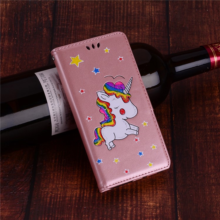 Unicorn Pattern Flash Powder Leather Wallet Stand Case for Huawei Mate 10 - Rose Gold-7