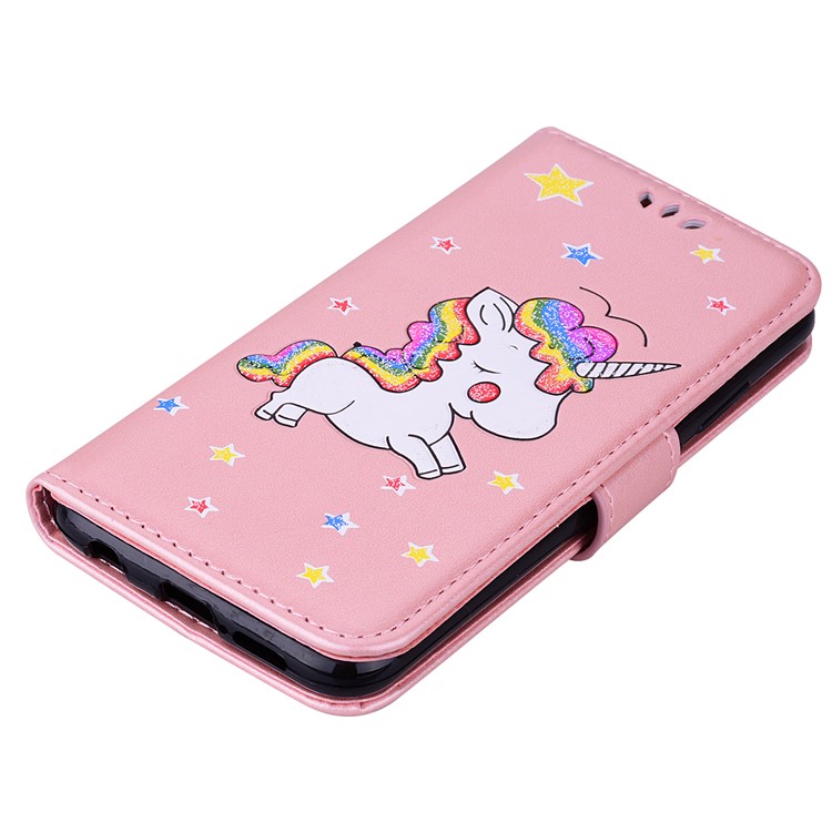 Flash Powder Unicorn Imprint Leather Wallet Stand Cellphone Cover for Huawei P20 Lite / Nova 3e - Pink-3