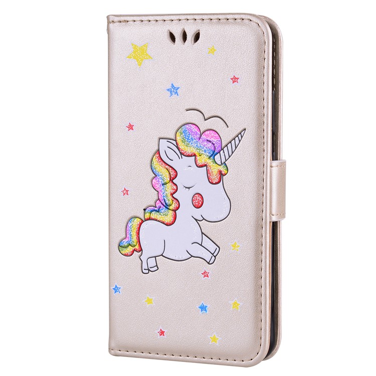 Flash Powder Unicorn Imprint Leather Wallet Stand Cellphone Accessory Case for Huawei P20 Lite / Nova 3e - Gold-1