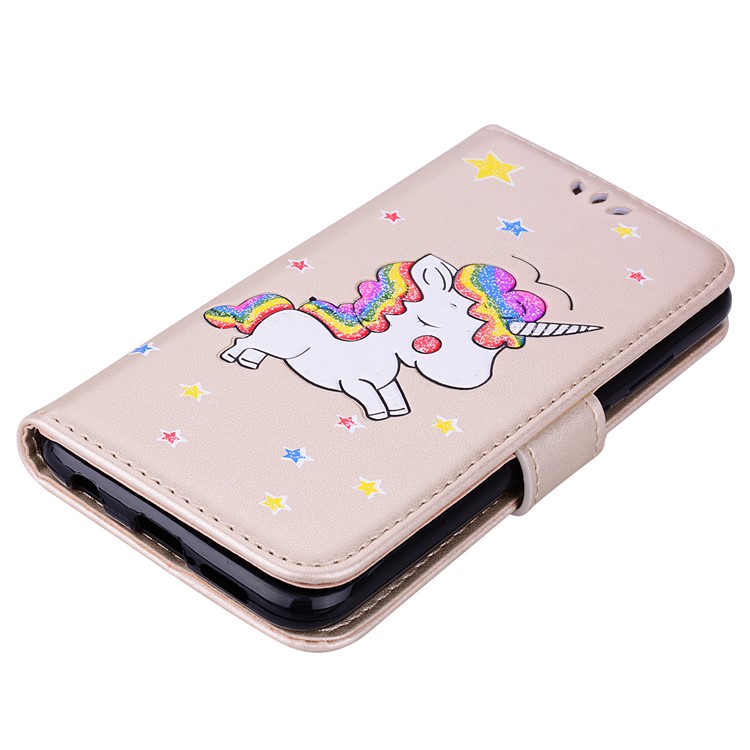 Flash Powder Unicorn Imprint Leather Wallet Stand Cellphone Accessory Case for Huawei P20 Lite / Nova 3e - Gold-3