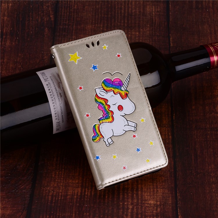 Flash Powder Unicorn Imprint Leather Wallet Stand Cellphone Accessory Case for Huawei P20 Lite / Nova 3e - Gold-6