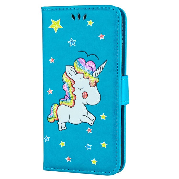 Flash Powder Unicorn Imprint Leather Wallet Stand Cellphone Shell for Huawei P20 Lite / Nova 3e - Blue-1