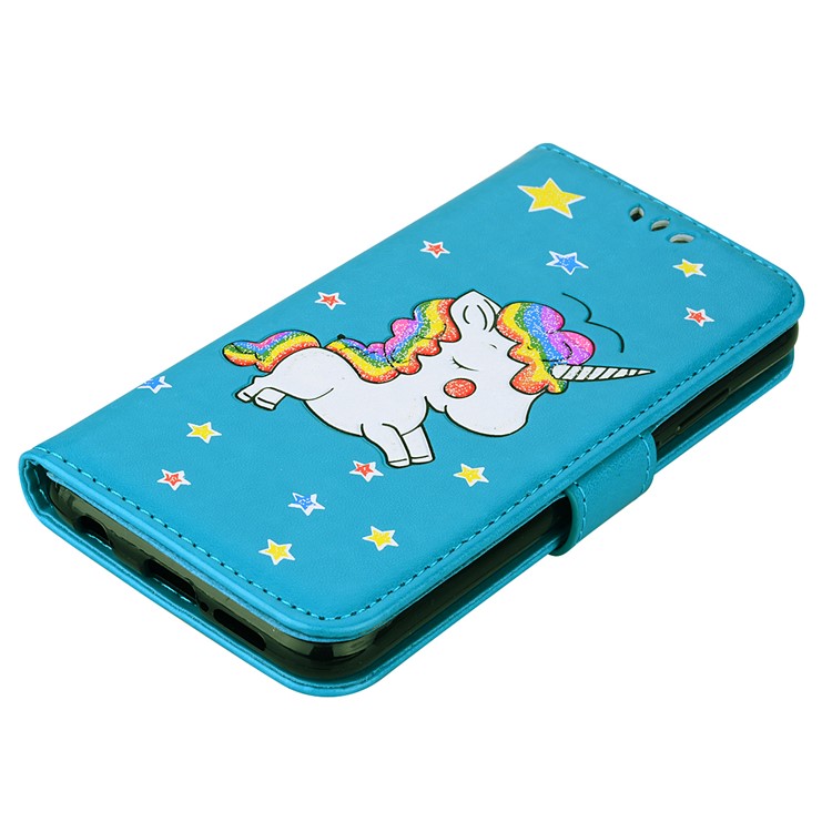 Flash Powder Unicorn Imprint Leather Wallet Stand Cellphone Shell for Huawei P20 Lite / Nova 3e - Blue-3