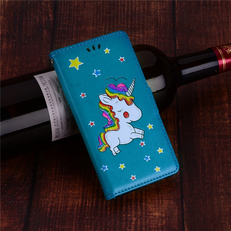 Flash Powder Unicorn Imprint Leather Wallet Stand Cellphone Shell for Huawei P20 Lite / Nova 3e - Blue-6