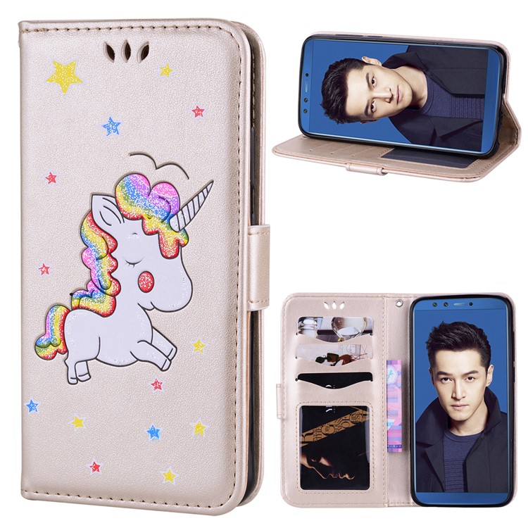Flash Powder Unicorn Pattern Leather Wallet Case for Huawei Honor 9 Lite / Honor 9 Youth Edition - Gold-1