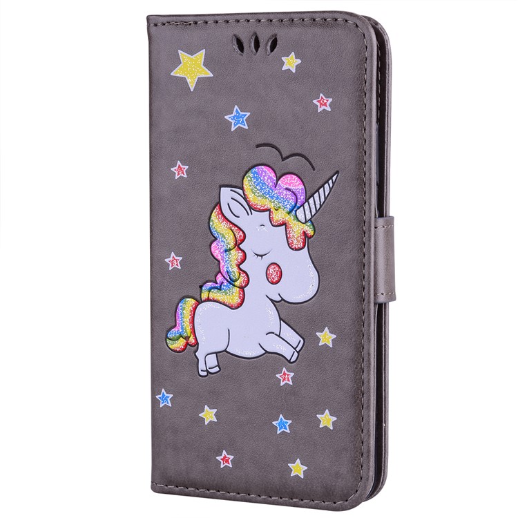 Flash Powder Unicorn Pattern Leather Wallet Cover for Huawei Honor 9 Lite / Honor 9 Youth Edition - Grey-1