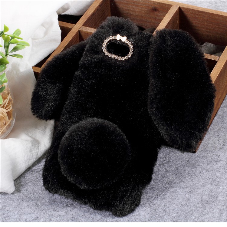Black - Rabbit Shape Fluffy Fur Coated Rhinestone TPU Protective Mobile Phone Shell for Huawei Y5 (2018)-1