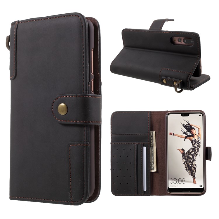 Retro Style Split Leather Wallet Stand Case for Huawei P20 Pro - Black-1