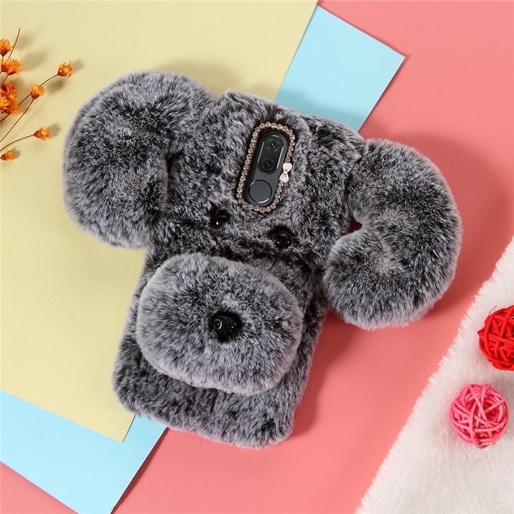 3D Cute Dog Pattern Soft Fur Coated Rhinestone Decor TPU Case for Huawei Mate 10 Lite / nova 2i / Maimang 6 / Honor 9i (India) - Grey-1