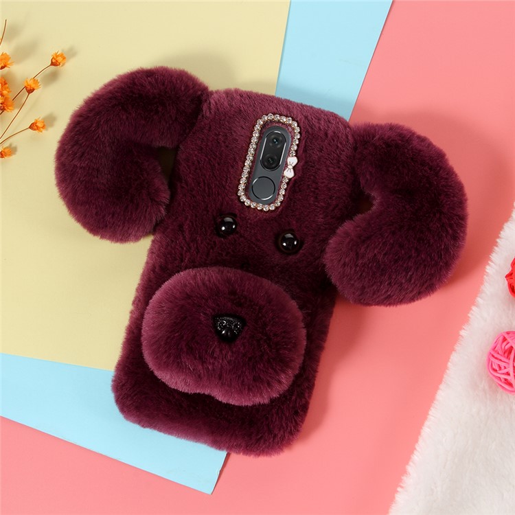 3D Cute Dog Pattern Soft Fur Coated Rhinestone Decor TPU Casing for Huawei Mate 10 Lite / nova 2i / Maimang 6 / Honor 9i (India) - Wine Red-1