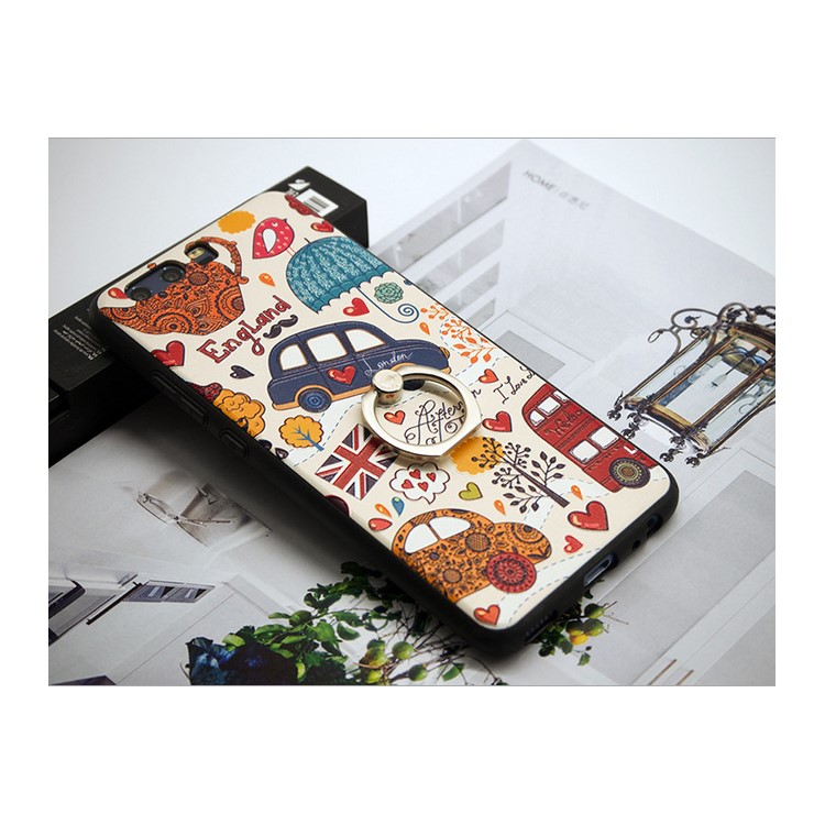 Embossing Patterned Hybrid PC Plate + TPU Frame Kickstand Phone Case for Huawei P10 - Cartoon England Elements-4