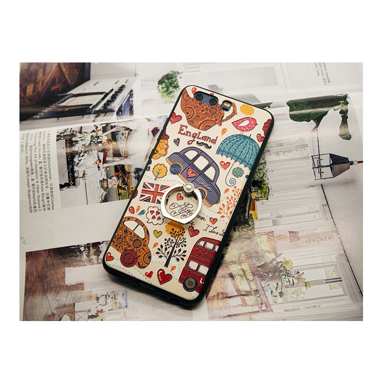Embossing Patterned Hybrid PC Plate + TPU Frame Kickstand Phone Case for Huawei P10 - Cartoon England Elements-5