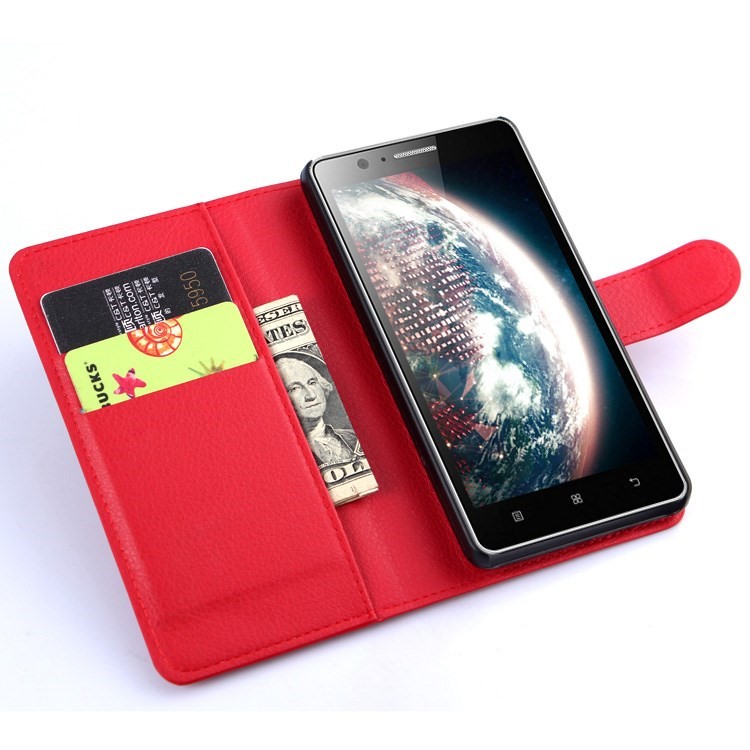 Litchi Grain Leather Wallet Shell for Lenovo A536 with Stand - Red-4
