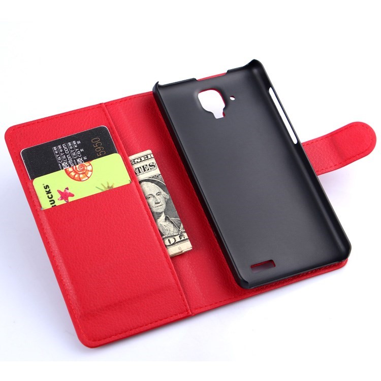 Litchi Grain Leather Wallet Shell for Lenovo A536 with Stand - Red-5