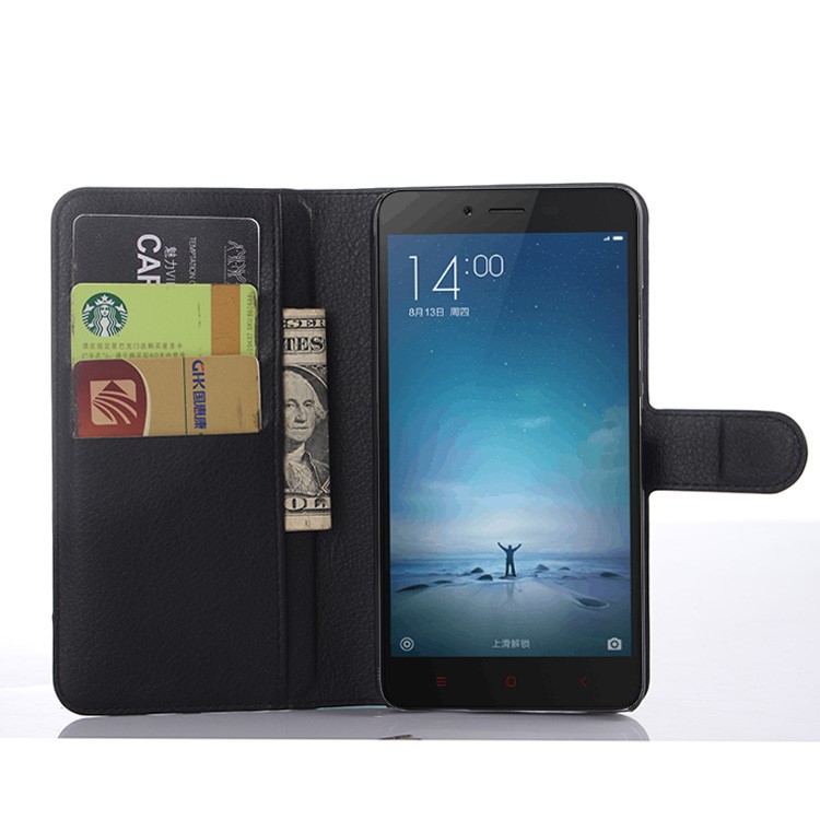 Litchi Skin Leather Wallet Case for Xiaomi Redmi Note 2 - Black-3