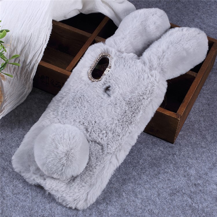 Rabbit Shape Fluffy Fur Coated Rhinestone TPU Cover Case for Xiaomi Mi Max 3 - Light Grey-1