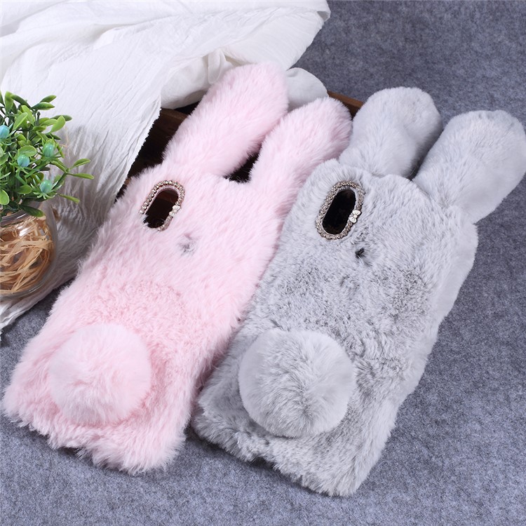 Rabbit Shape Fluffy Fur Coated Rhinestone TPU Cover Case for Xiaomi Mi Max 3 - Light Grey-4
