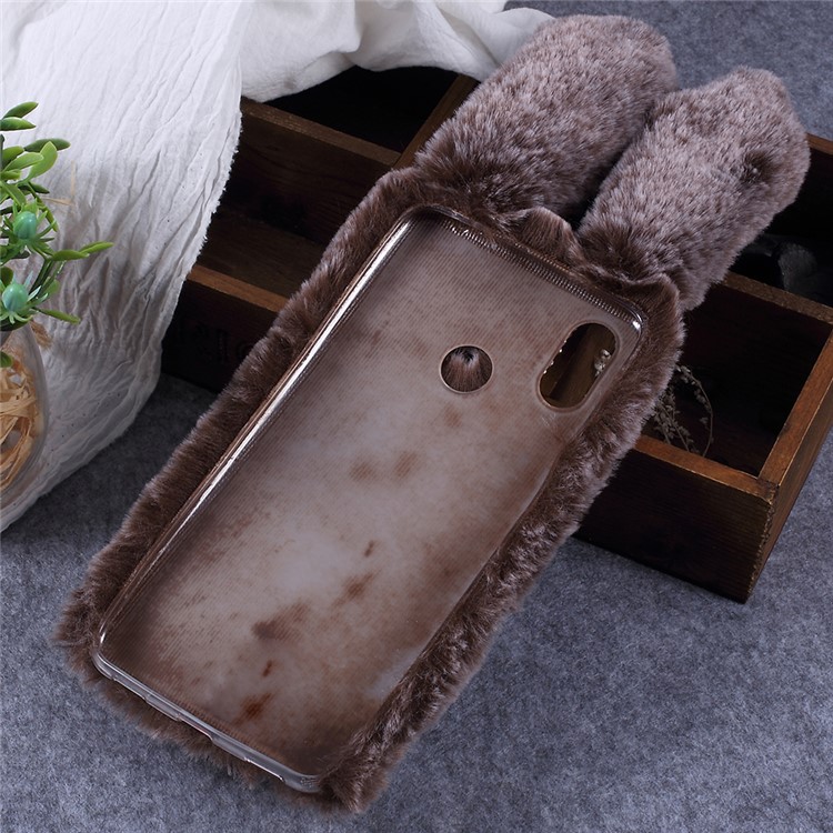 Rabbit Shape Fluffy Fur Coated Rhinestone TPU Back Case for Xiaomi Mi Max 3 - Coffee-2