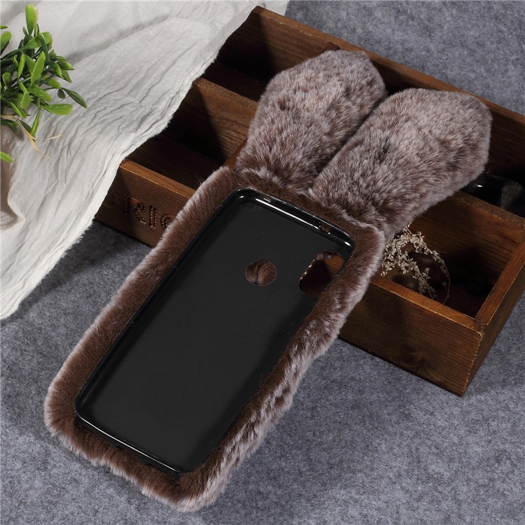 Rabbit Shape Fluffy Fur Coated TPU Rhinestone Back Phone Accessory Cover for Xiaomi Mi A2 Lite / Redmi 6 Pro - Coffee-4