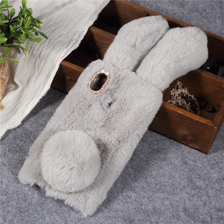 Rabbit Shape Fluffy Fur Coated TPU Rhinestone Phone Shell for Xiaomi Redmi S2 / Redmi Y2 - Light Grey-1