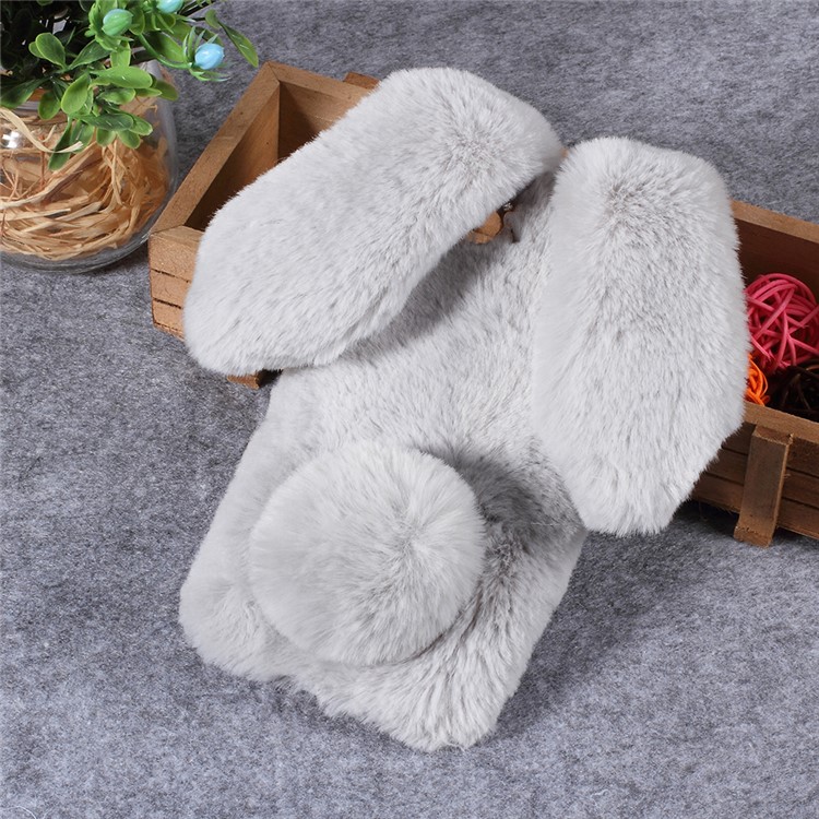 Rabbit Shape Fluffy Fur Coated TPU Rhinestone Phone Case Shell for Xiaomi Redmi 6A (Single 12MP Rear Camera) - Light Grey-1