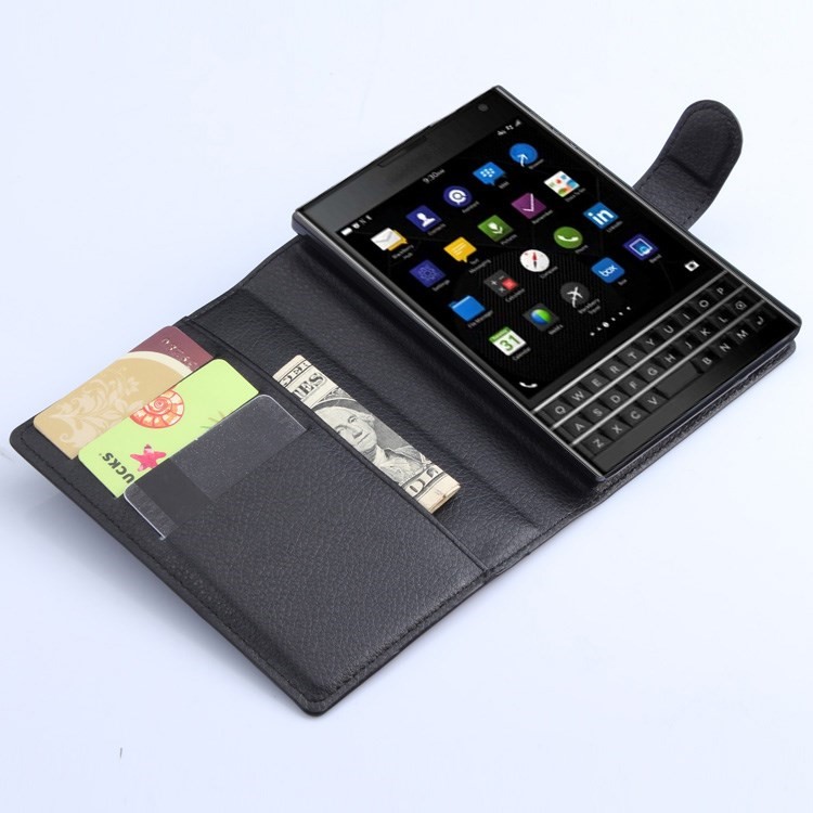 Litchi Grain Leather Wallet Folio Case for BlackBerry Passport Q30 - Black-5